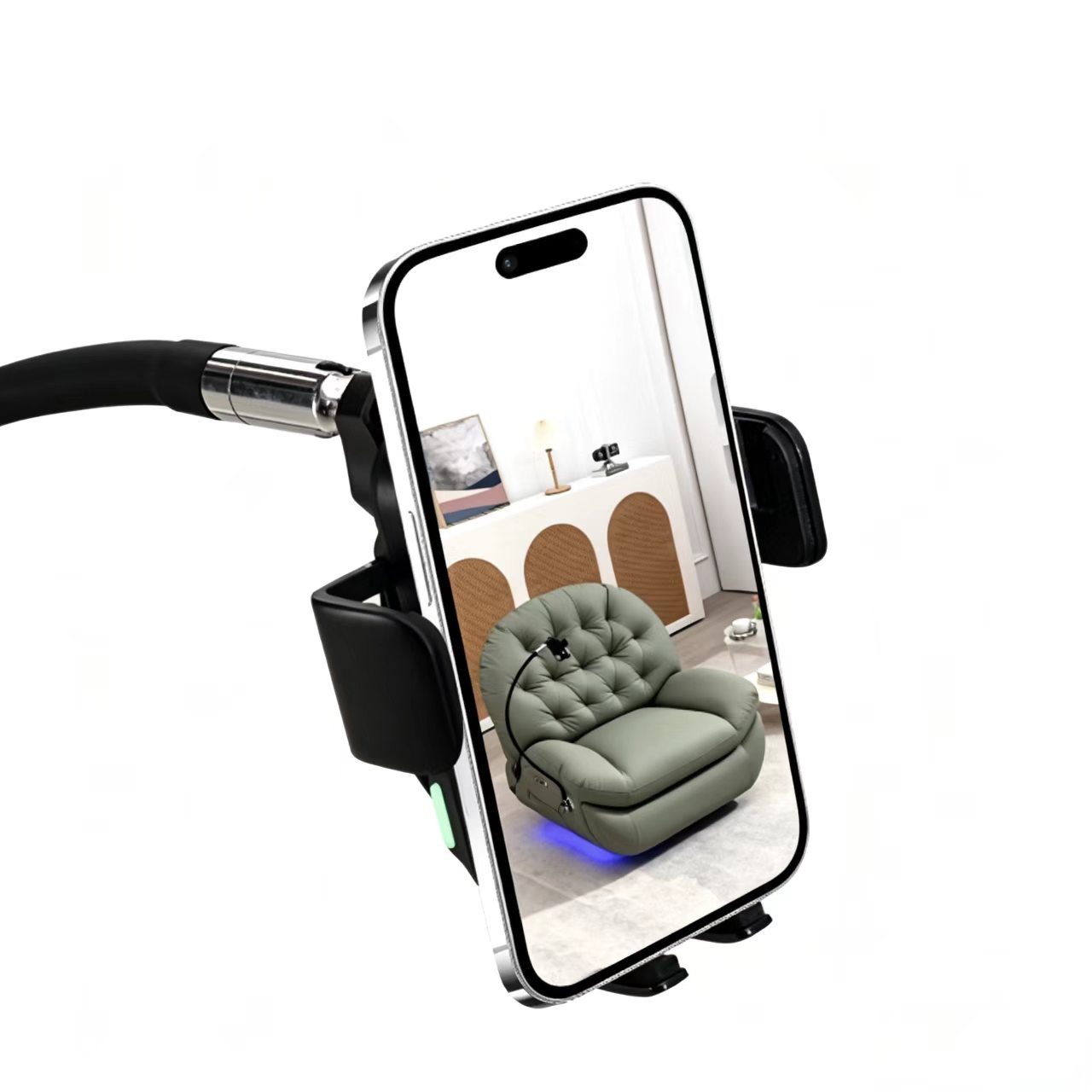 Green leatherette electric recliner chair with flexible phone holder, 360° swivel base and blue LED ambient light Green leatherette electric recliner chair with flexible phone holder, 360° swivel base and blue LED ambient light