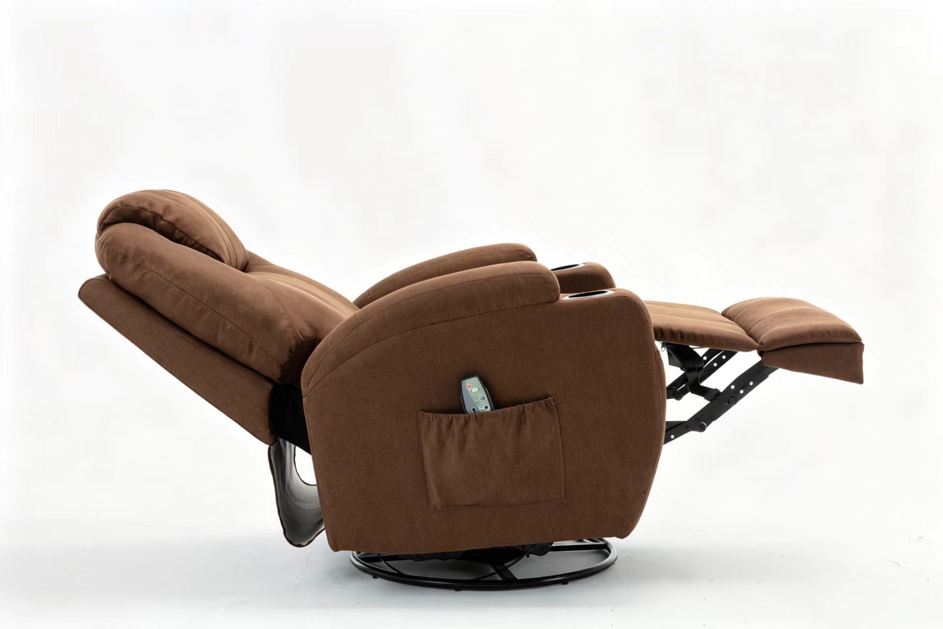 Brown fabric manual recliner chair with massage function, 360° swivel base, cup holders and side storage pockets