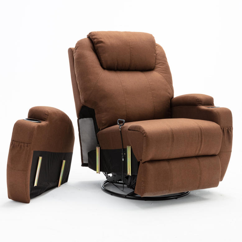 Brown fabric manual recliner chair with massage function, 360° swivel base, cup holders and side storage pockets