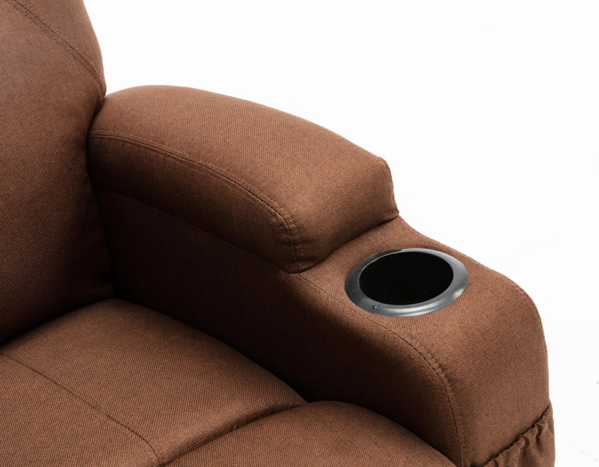 Brown fabric manual recliner chair with massage function, 360° swivel base, cup holders and side storage pockets
