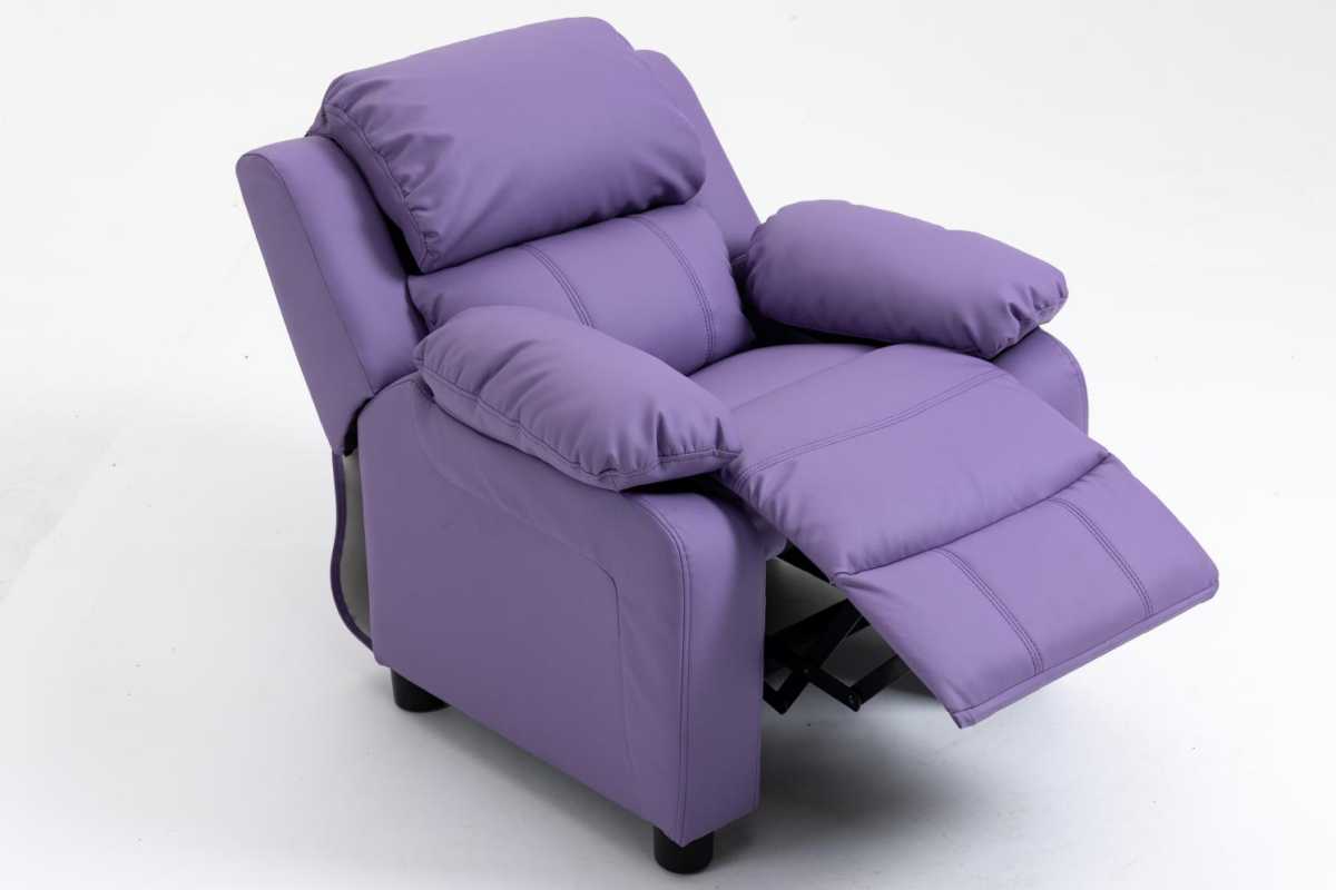 Purple faux leather kids recliner chair front view, upright position for toddlers and children Purple faux leather kids recliner chair front view, upright position for toddlers and children