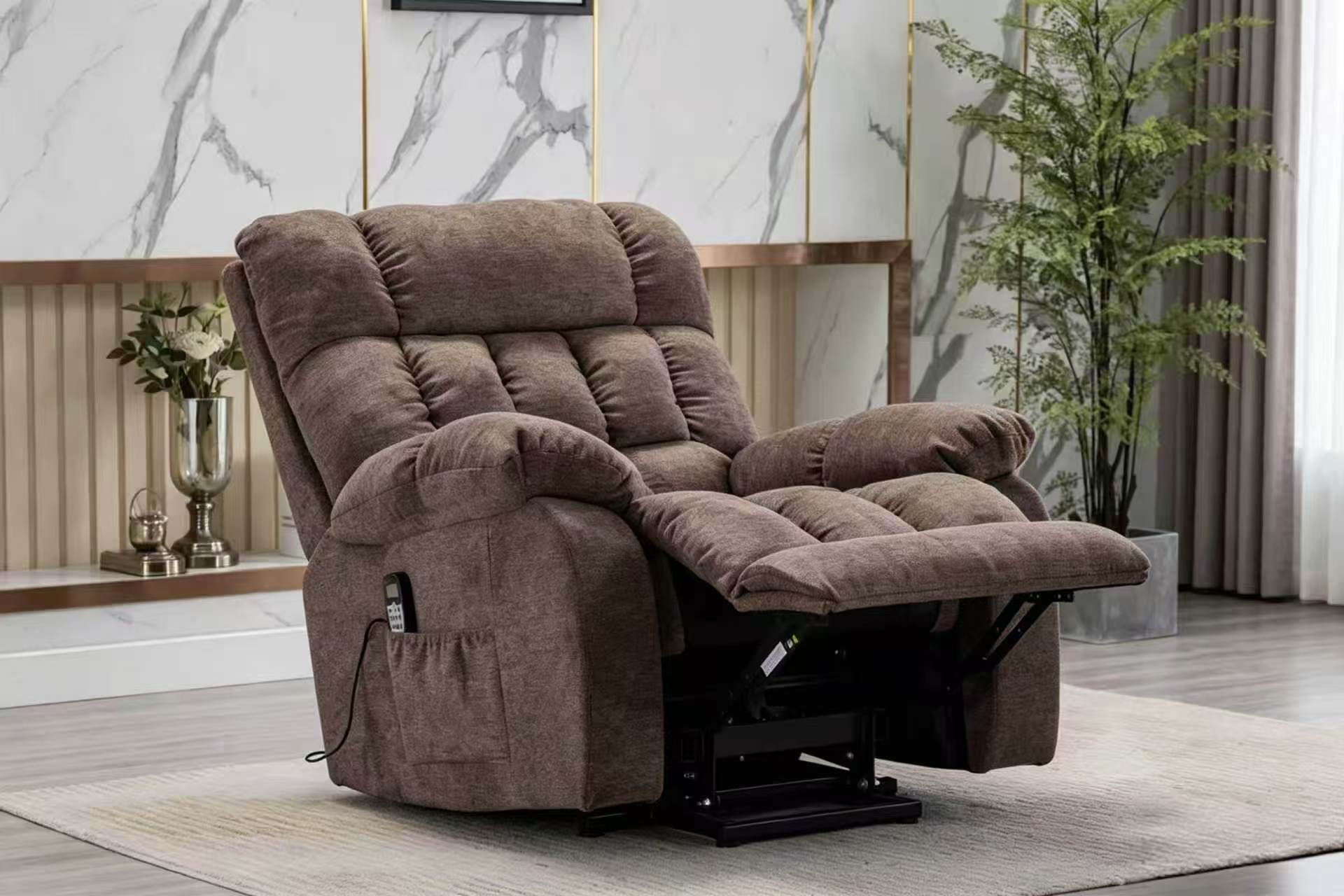 Electric lift assist recliner chair in lifting position, helping seniors stand up safely Electric lift assist recliner chair in lifting position, helping seniors stand up safely