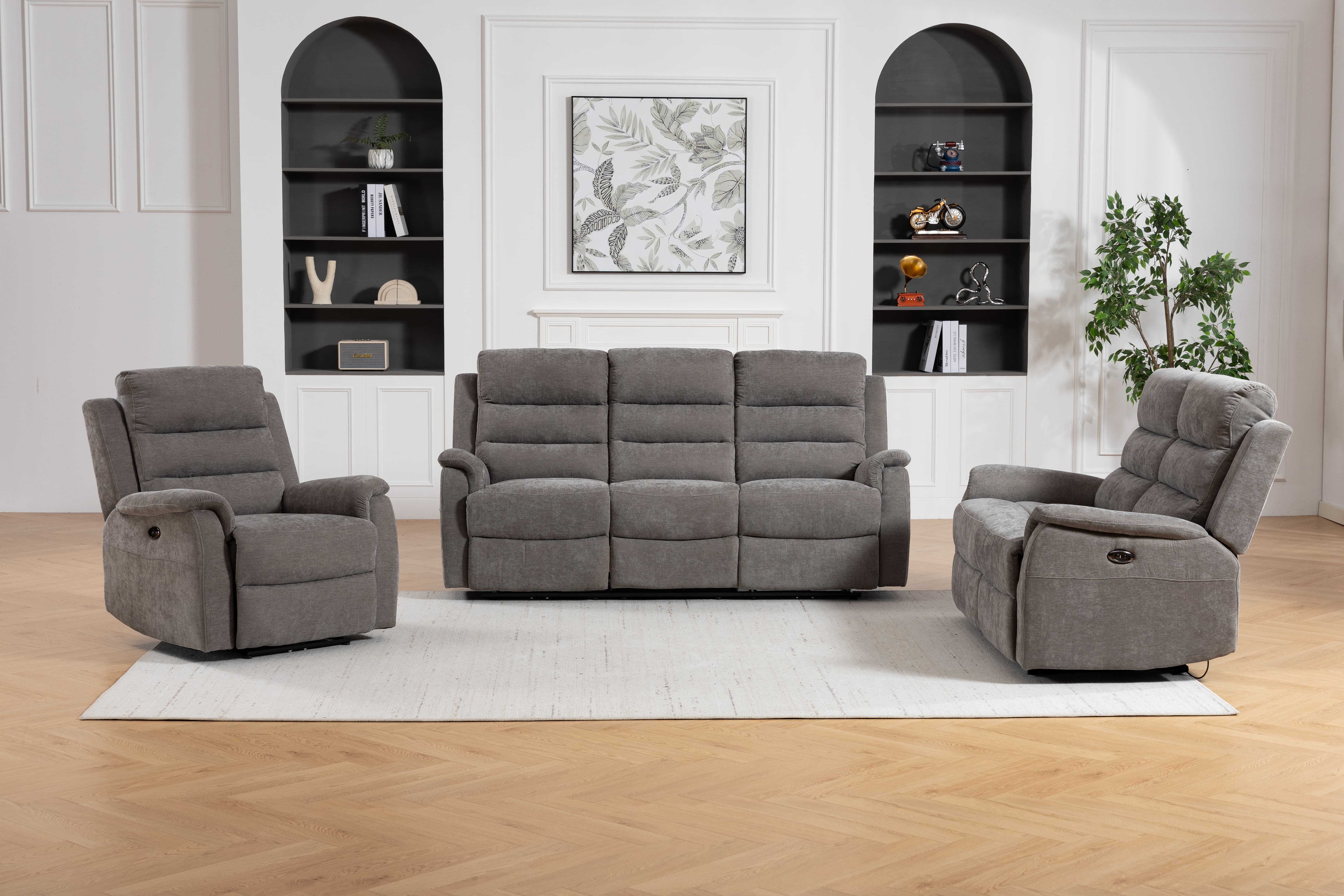 Gray fabric electric recliner sofa set with 3-seater, 2-seater and single recliner chair, featuring plush cushions and smooth reclining function for home theater and living room. Gray fabric electric recliner sofa set with 3-seater, 2-seater and single recliner chair, featuring plush cushions and smooth reclining function for home theater and living room.