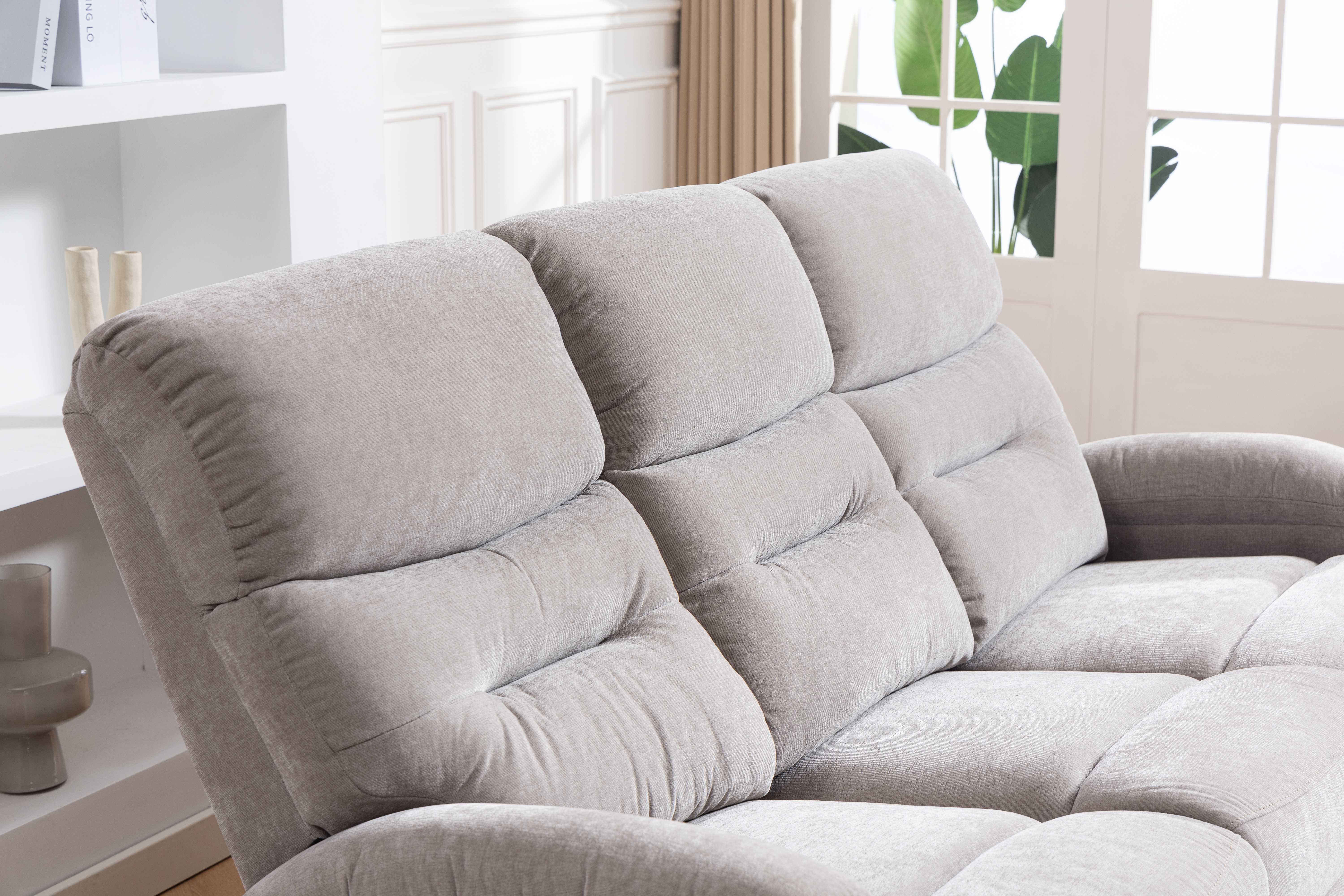 light grey fabric 3+2+1 manual recliner sofa set in bright modern living room, upright position