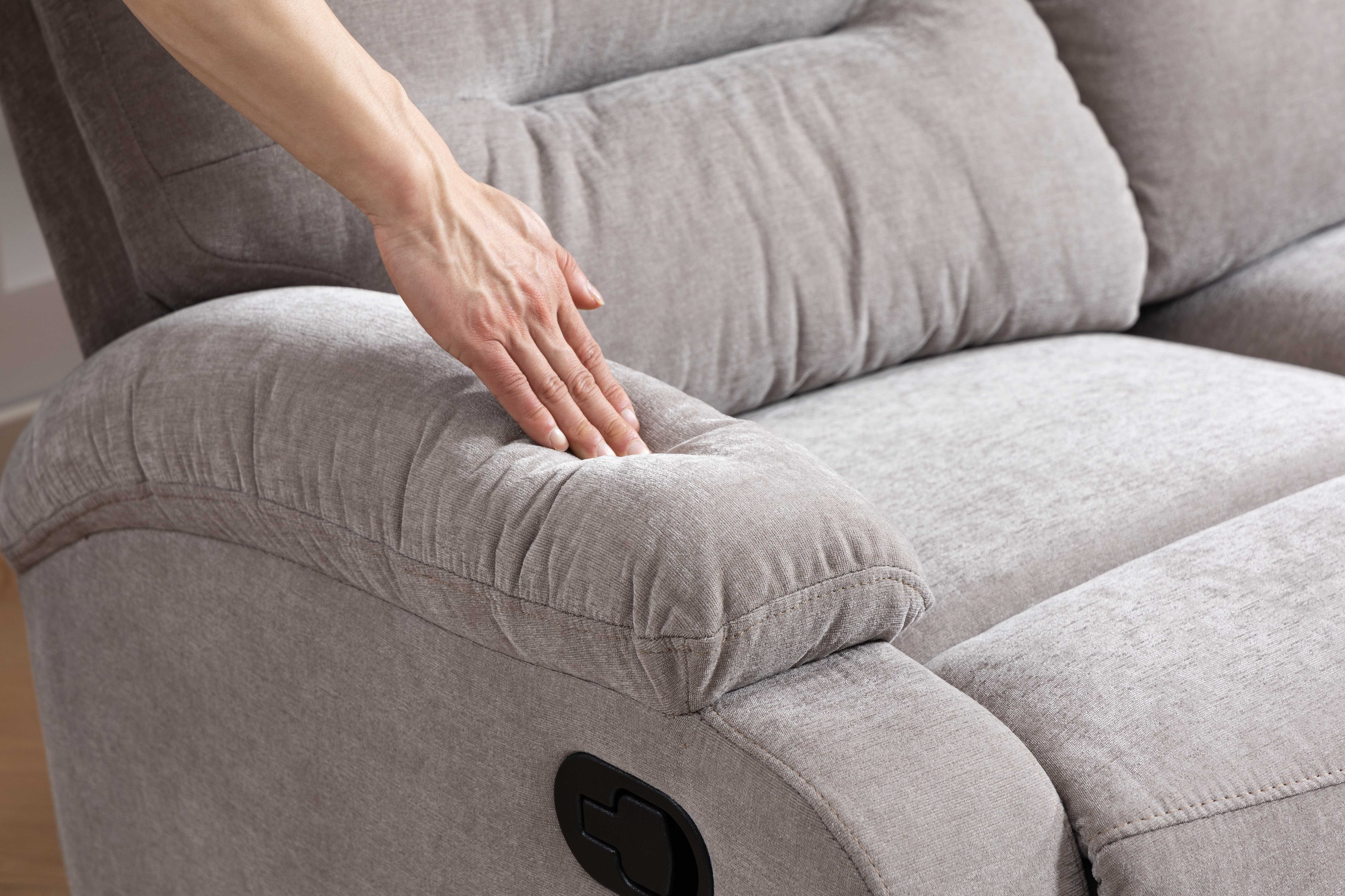 light grey fabric 3+2+1 manual recliner sofa set in bright modern living room, upright position