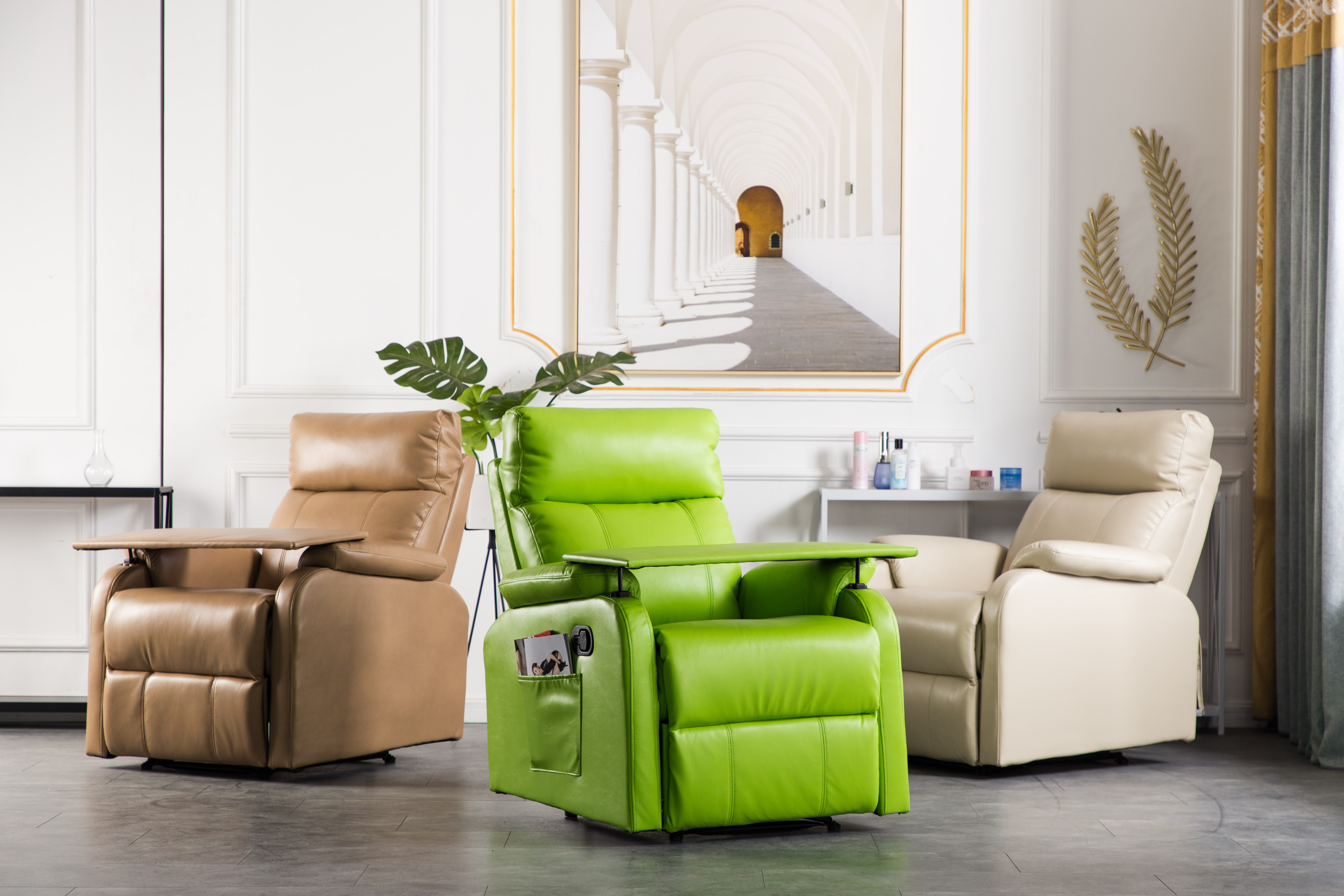 Side view of beige manual recliner chair in upright position, modern design