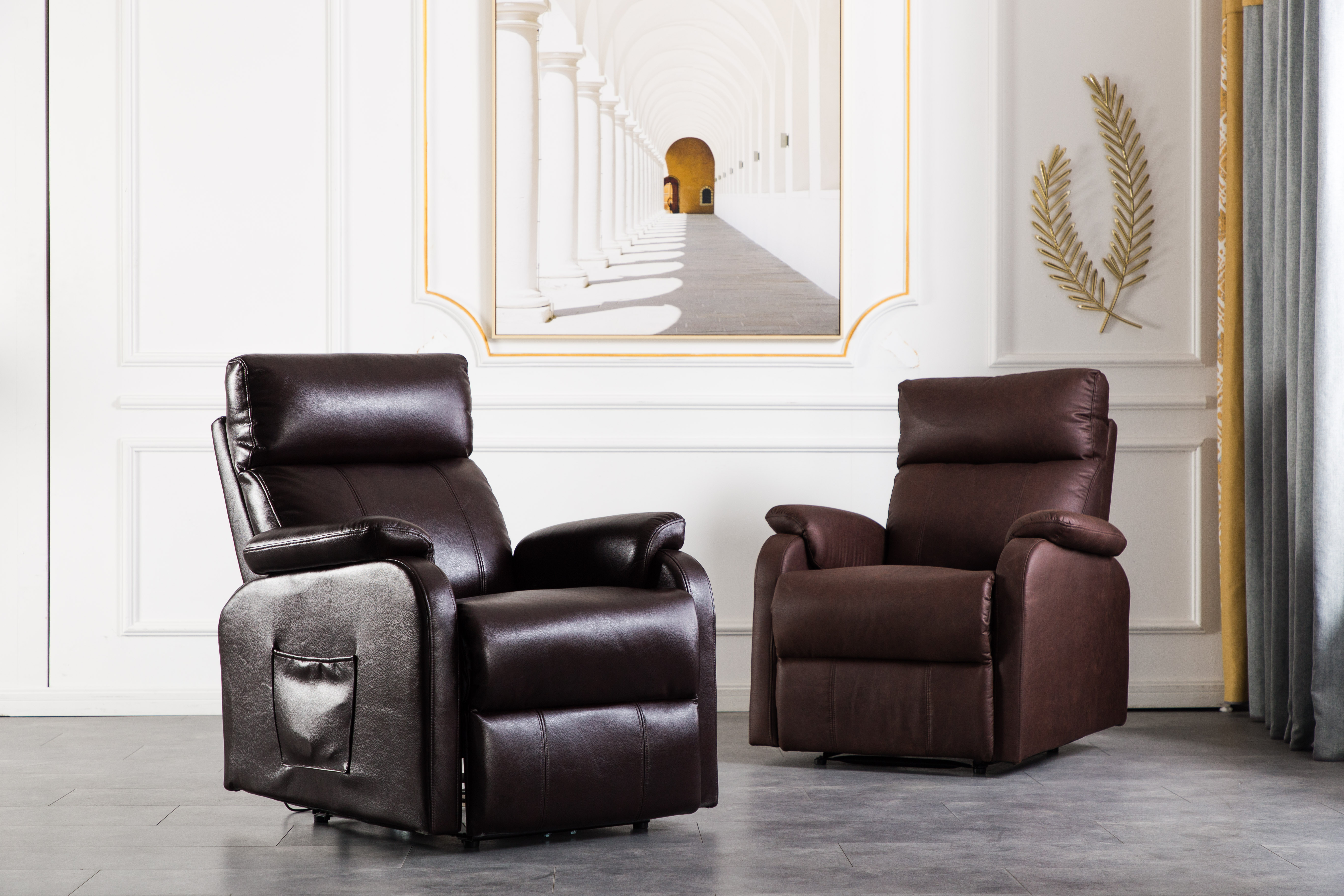 Dark brown manual recliner sofa with convenient side storage pocket