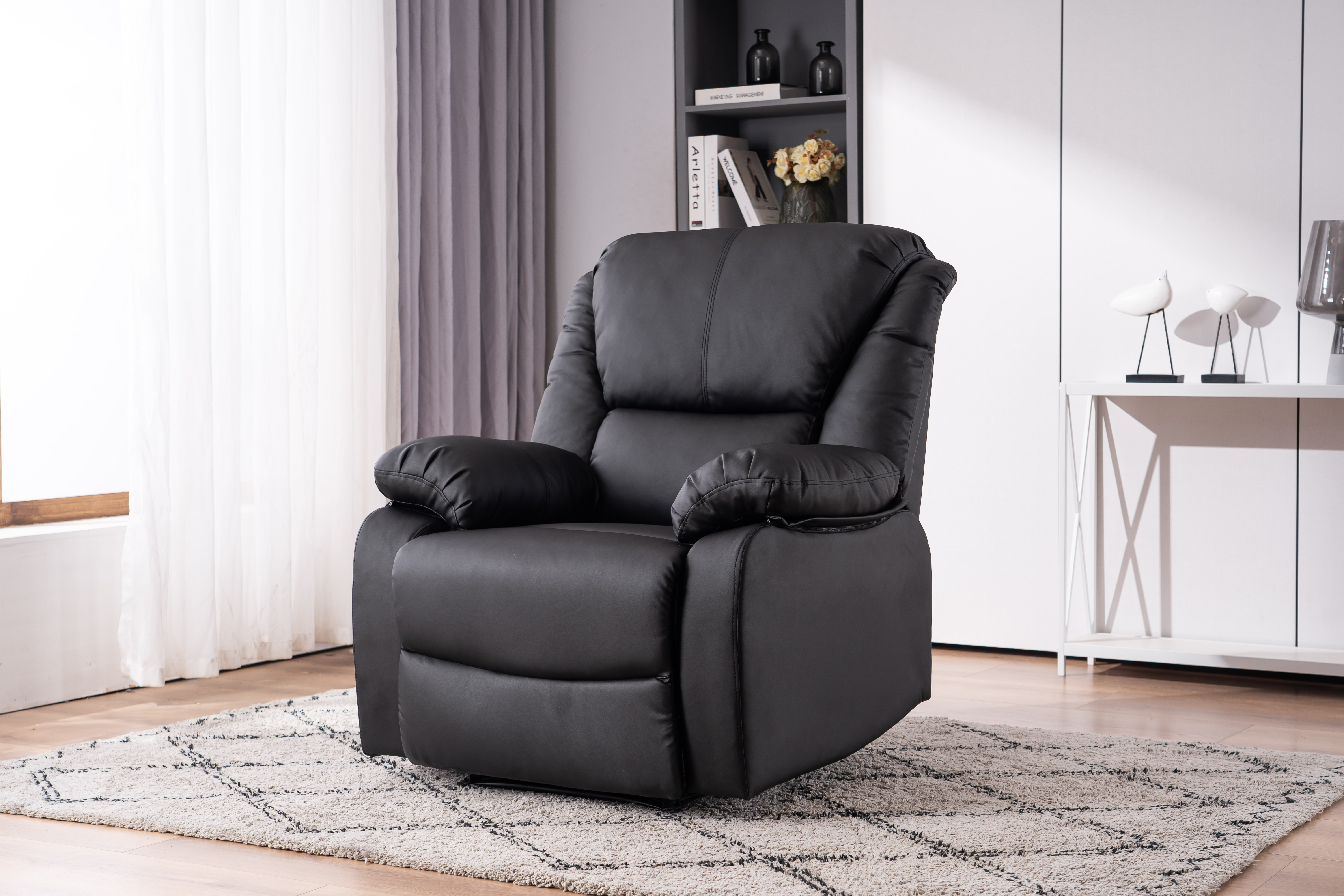 Black PU leather manual recliner sofa upright position front view