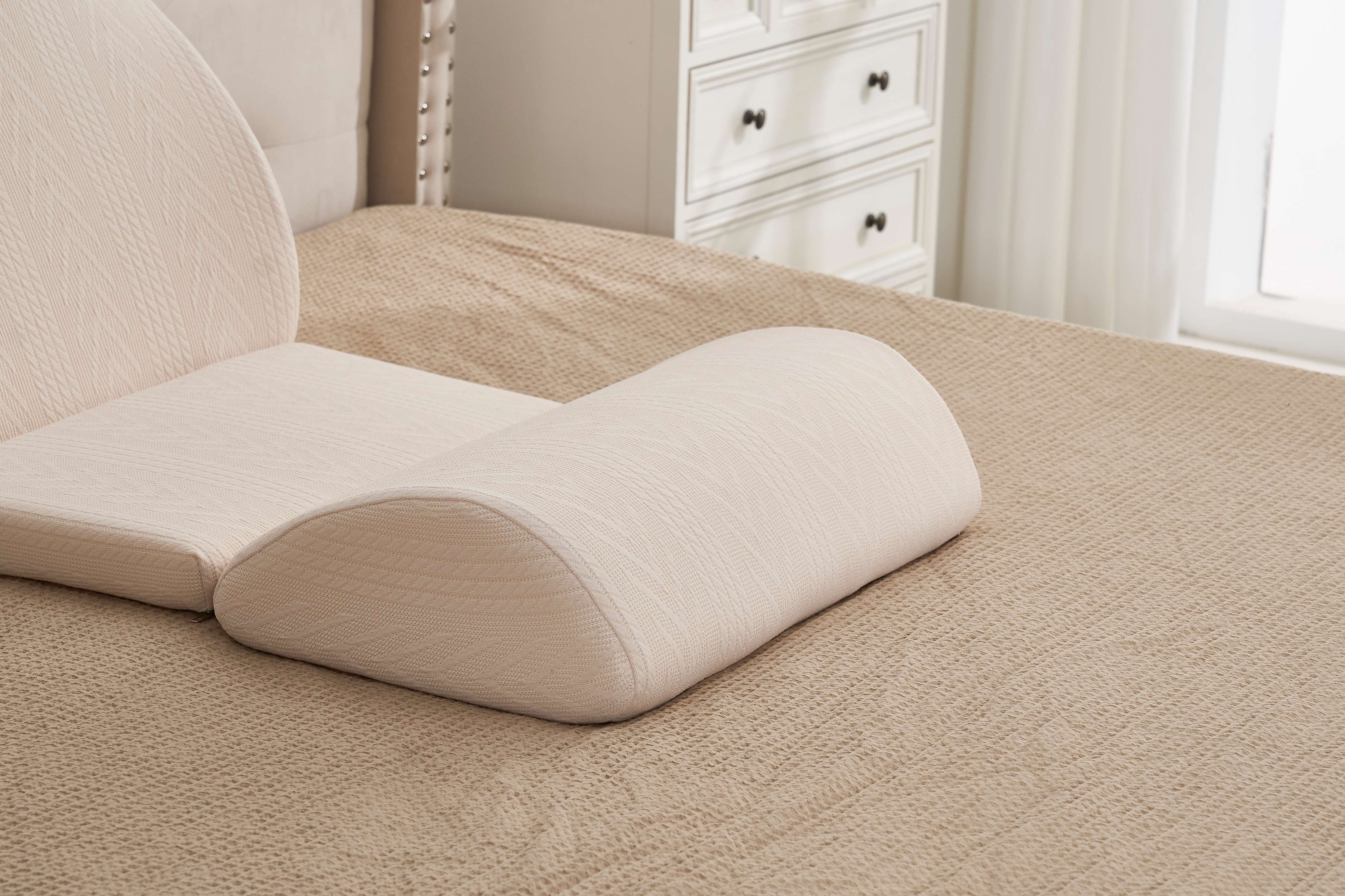 3-piece modular adjustable bed wedge pillow set with leg rest, cream color on bed 3-piece modular adjustable bed wedge pillow set with leg rest, cream color on bed