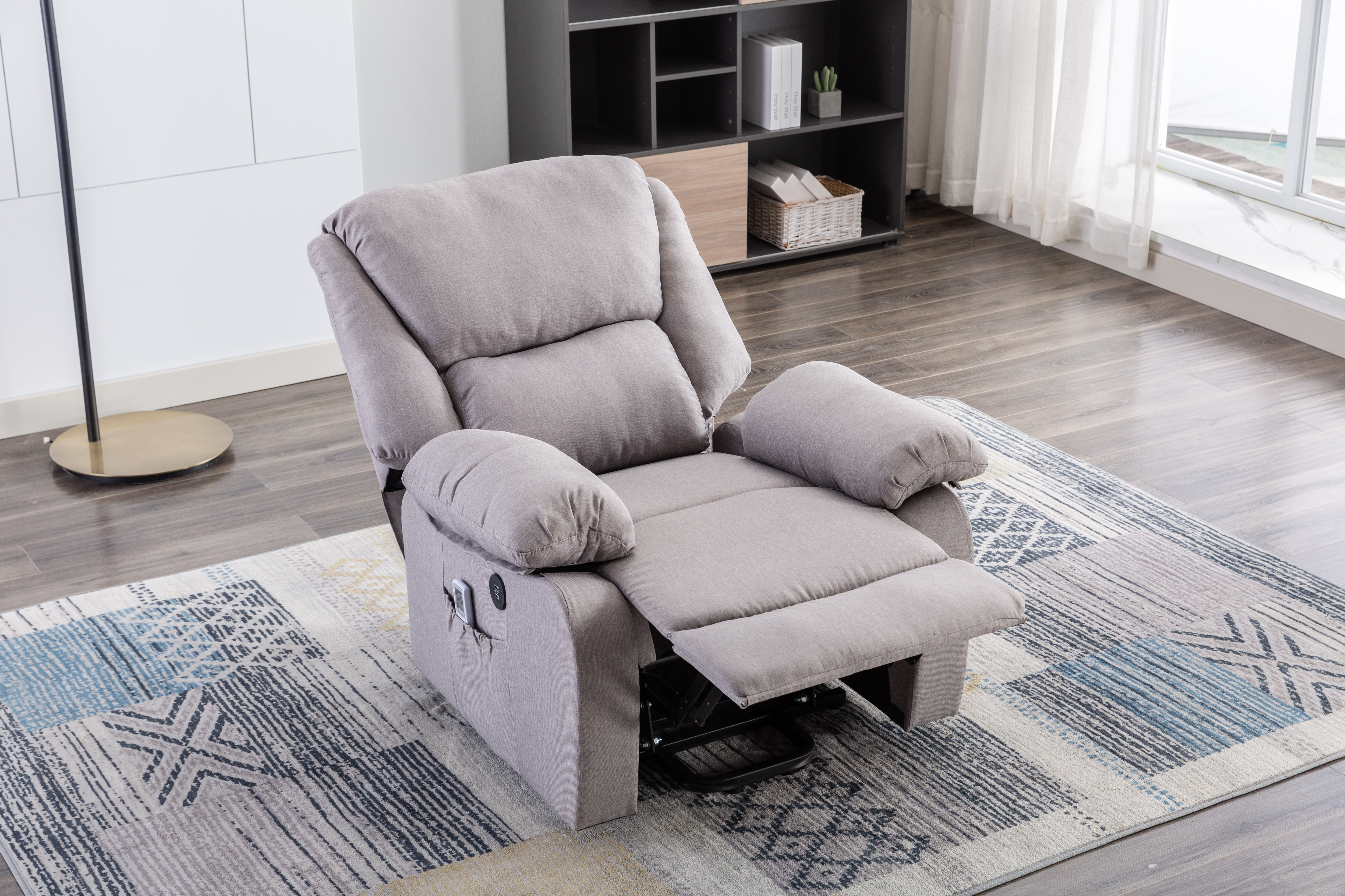 Light Gray Fabric Electric Power Lift Recliner Chair with Extended Footrest in Living Room Light Gray Fabric Electric Power Lift Recliner Chair with Extended Footrest in Living Room