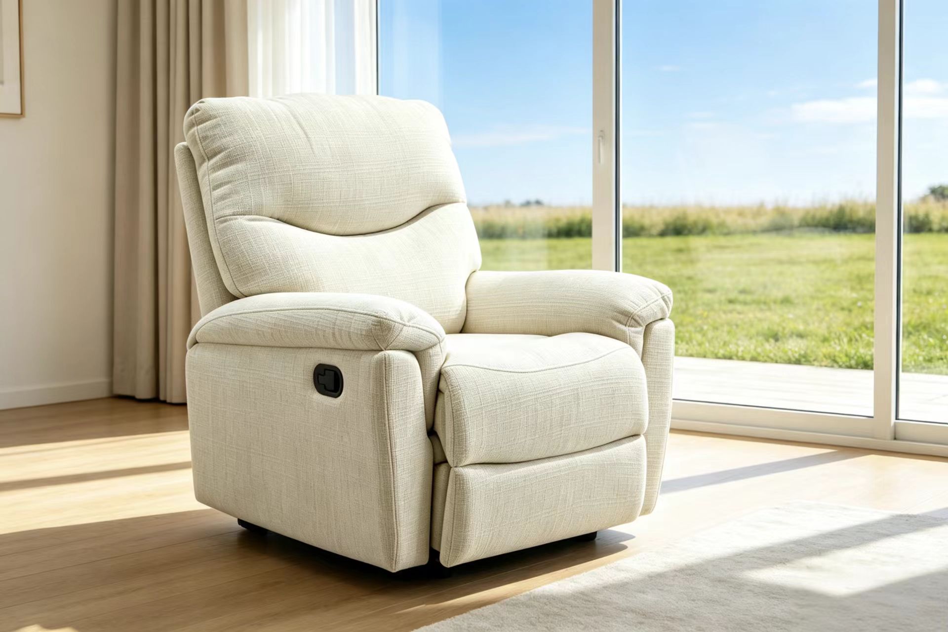Wholesale Beige Manual Fabric Recliner Sofa with Extended Footrest, Single Seater Recliner Chair for Living Room Wholesale Beige Manual Fabric Recliner Sofa with Extended Footrest, Single Seater Recliner Chair for Living Room