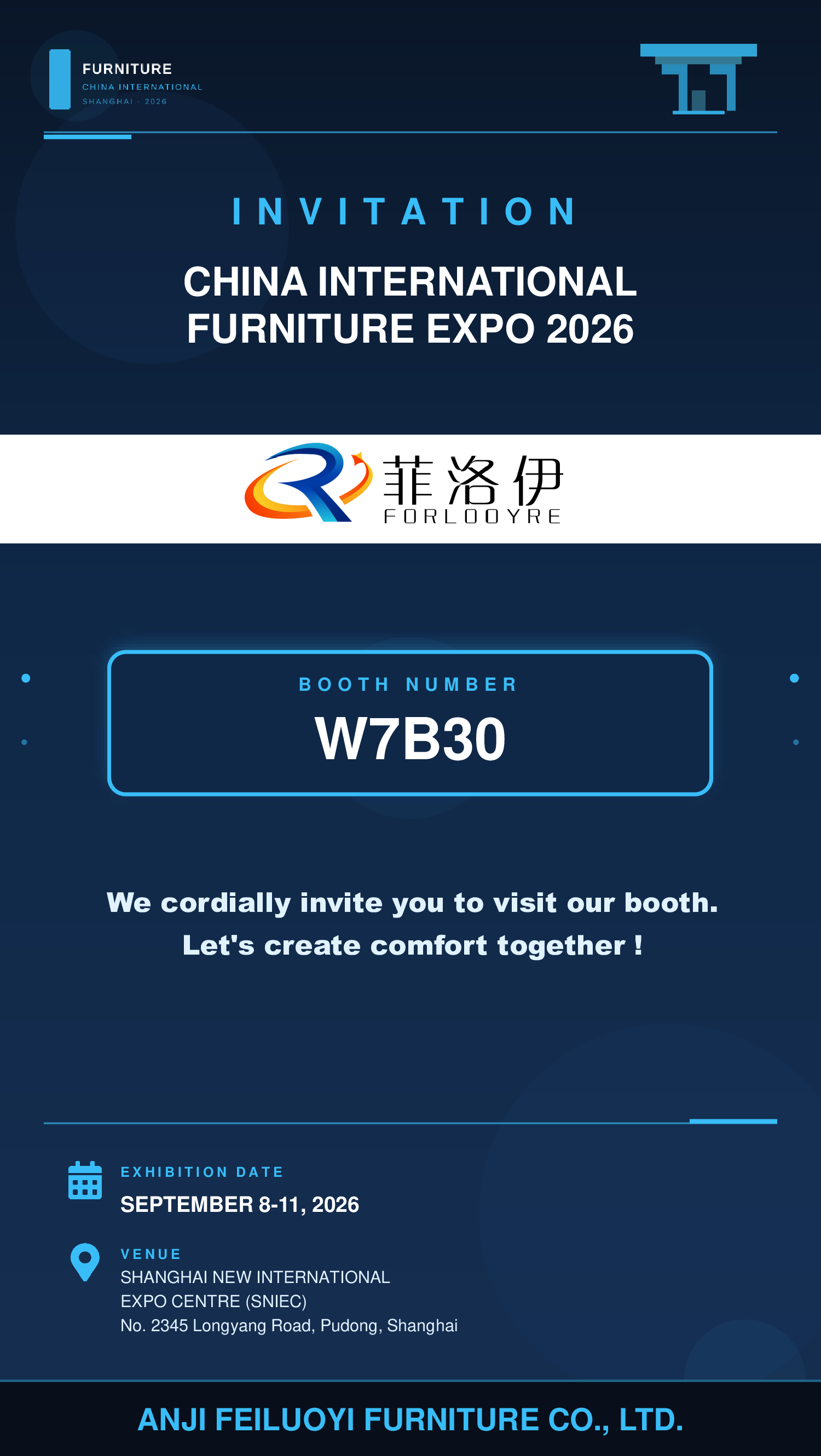 Anji Feiluoyi Furniture invitation card for China International Furniture Expo 2026 Anji Feiluoyi Furniture invitation card for China International Furniture Expo 2026